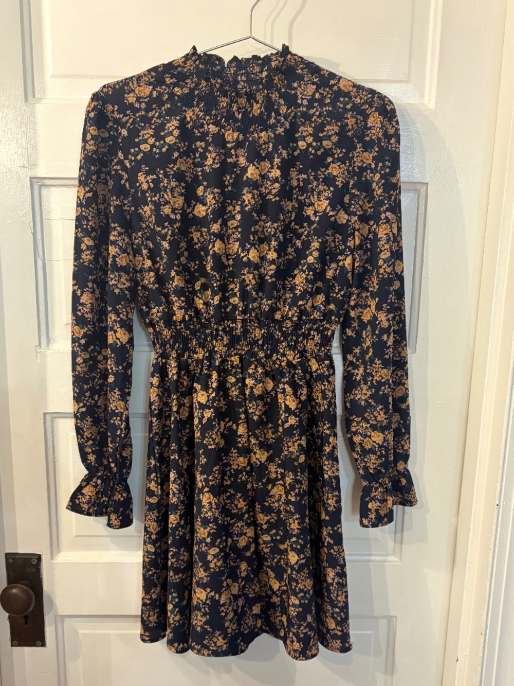 RuffledMock Neck Long Sleeve Floral Print Short Dress (size medium)